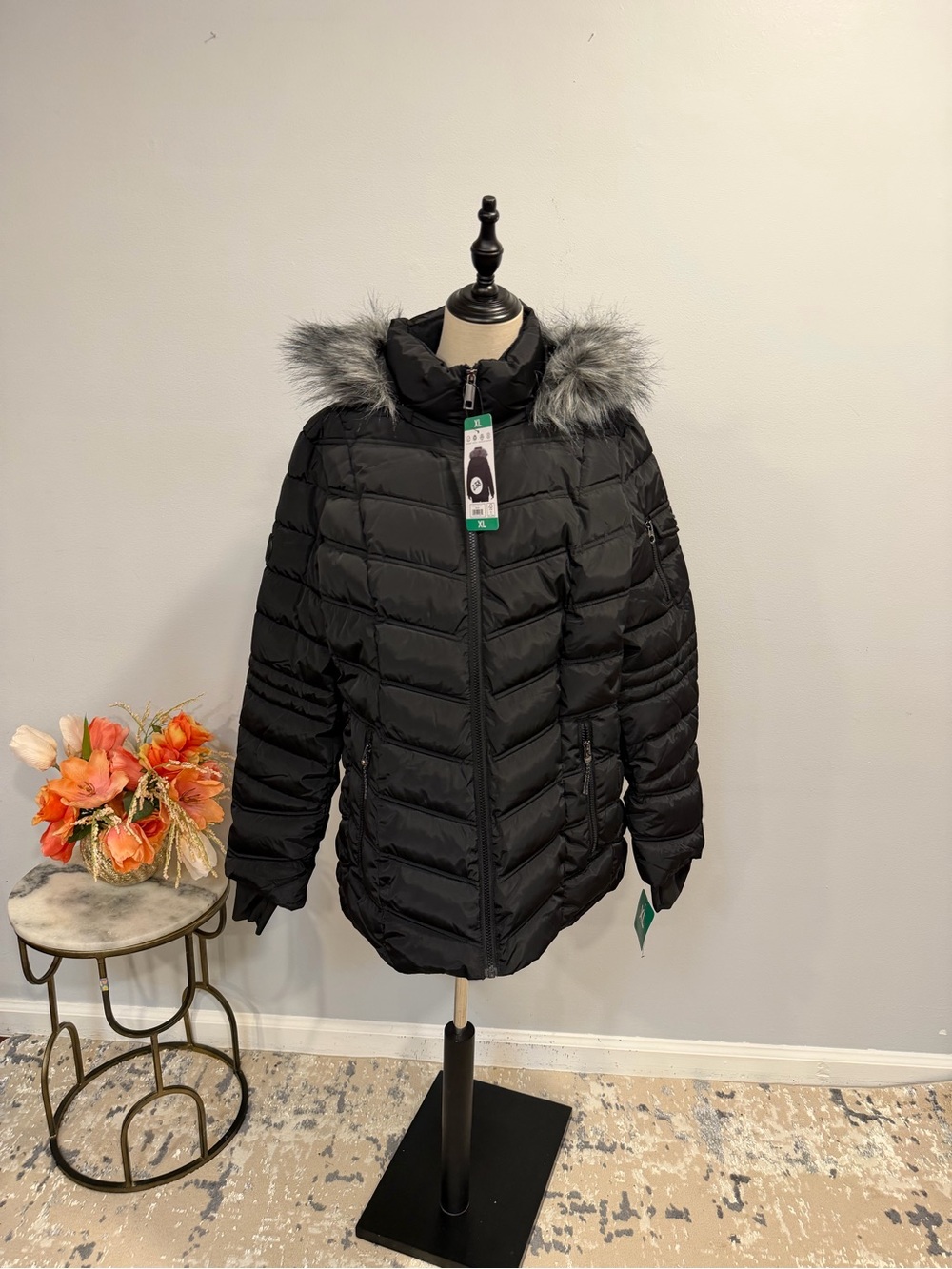 Nautica Black Womens Faux-Fur Hooded Puffer Jacket - Size XL